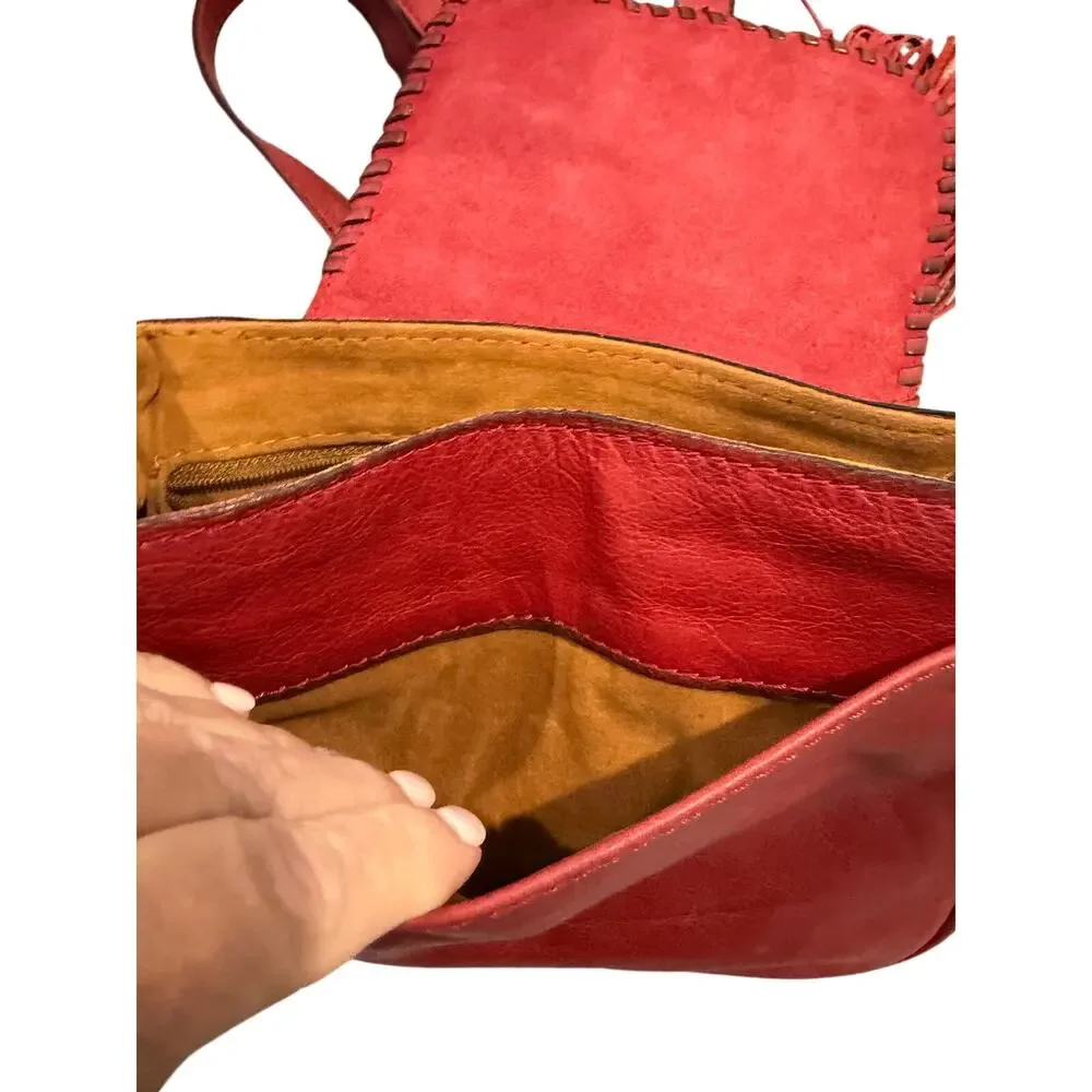 Patricia Nash Karisa Leather Whipstitch Saddle Bag Berry Red Tassels